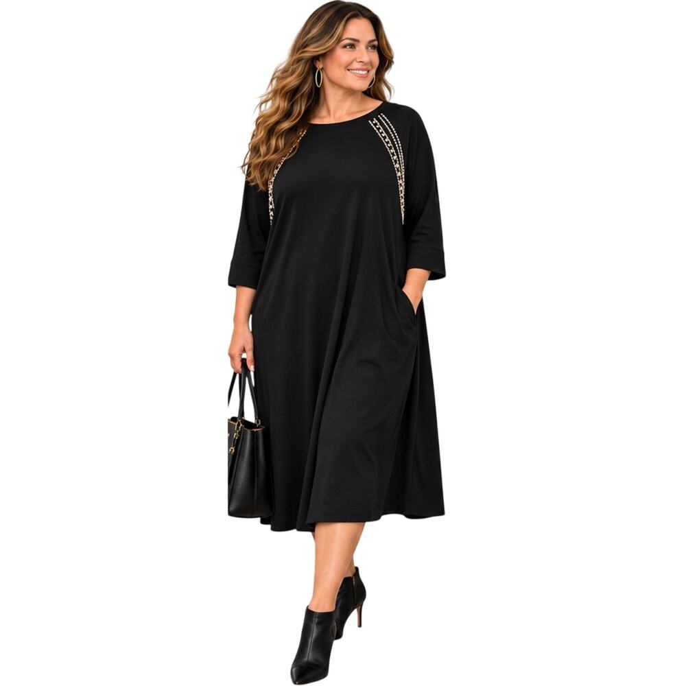 J. Jill Black Embroidered Tencel Cotton Shift Dress, Lagenlook, Plus Size 2X